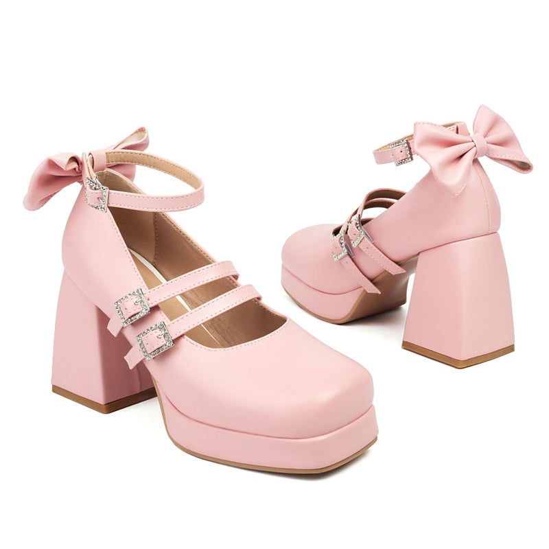 In The Spring Of 2024 Thick-Soled Square-Headed Women'S Shoes 40-48 Super Plus Size Bow Thick High-Heeled Shoes - Image 1
