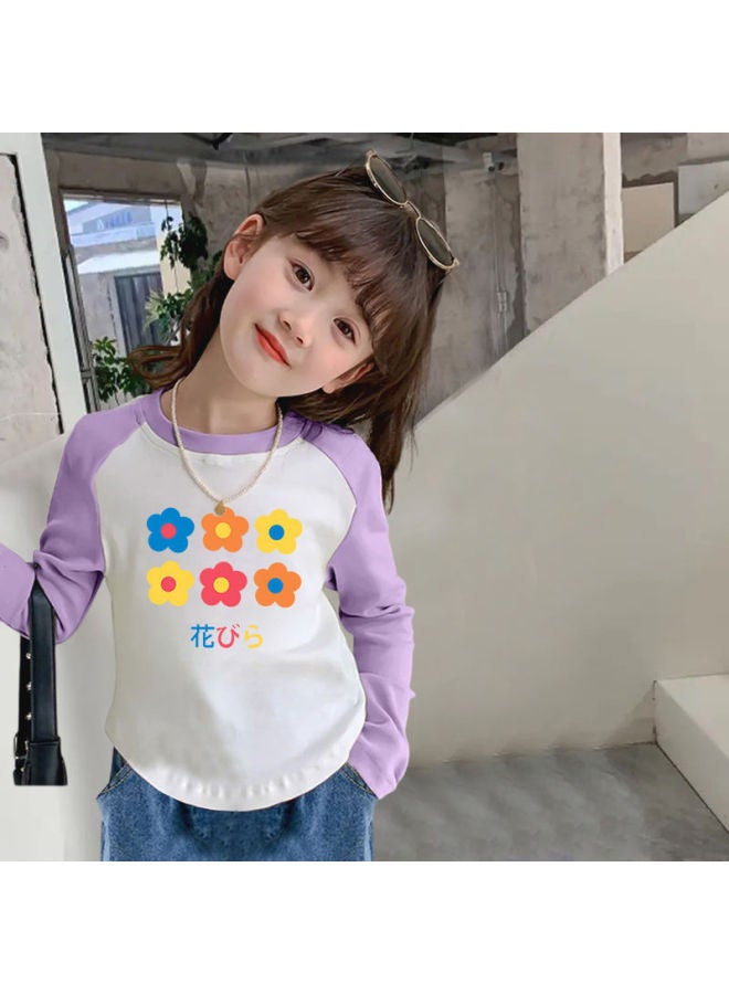Girls' Spring & Fall New Color-blocked Pure Cotton Long-sleeved T-shirt Baby's Curved Top With Upper And Lower Hem Korean Style Western Style Bottoming Shirt