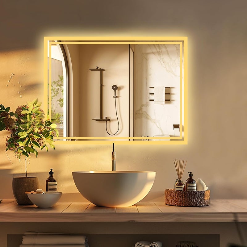 WISFOR Illuminated LED Bathroom Mirror: 50 x 70cm Rectangle Led Backlit Light Mirror Wall Mounted Bathroom Dimmable Mirror 3 Light Colors Makeup Mirror Anti-fog Vanity Mirror Smart Rectangle Mirror - Image 5
