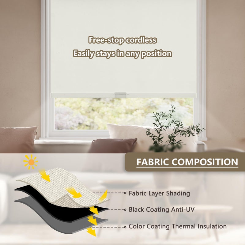 SUNOFF Cordless Blackout Roller Shades Blinds for Windows Free-Stop,Pull Down Room Darkening with Valance,Thermal Insulated Woven Fabric Window Door Blinds for Home,Office,Beige 34" W x 72" H - Image 4