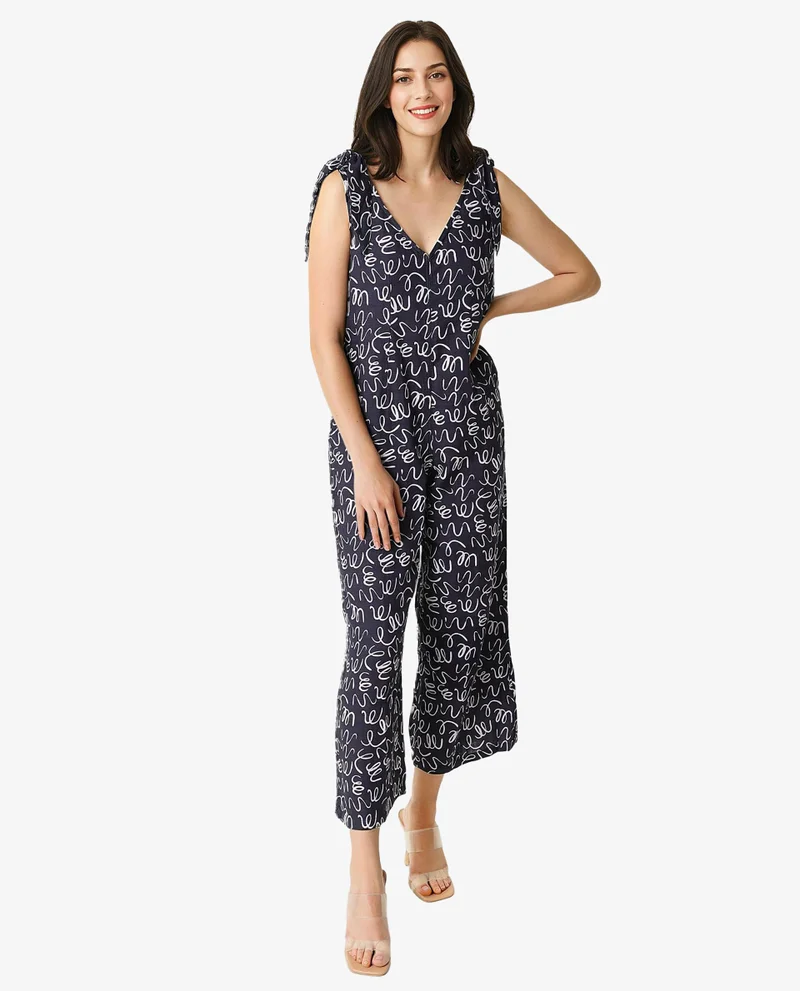 ريريزم Women's Abstract Print V Neck Relaxed Jumpsuit