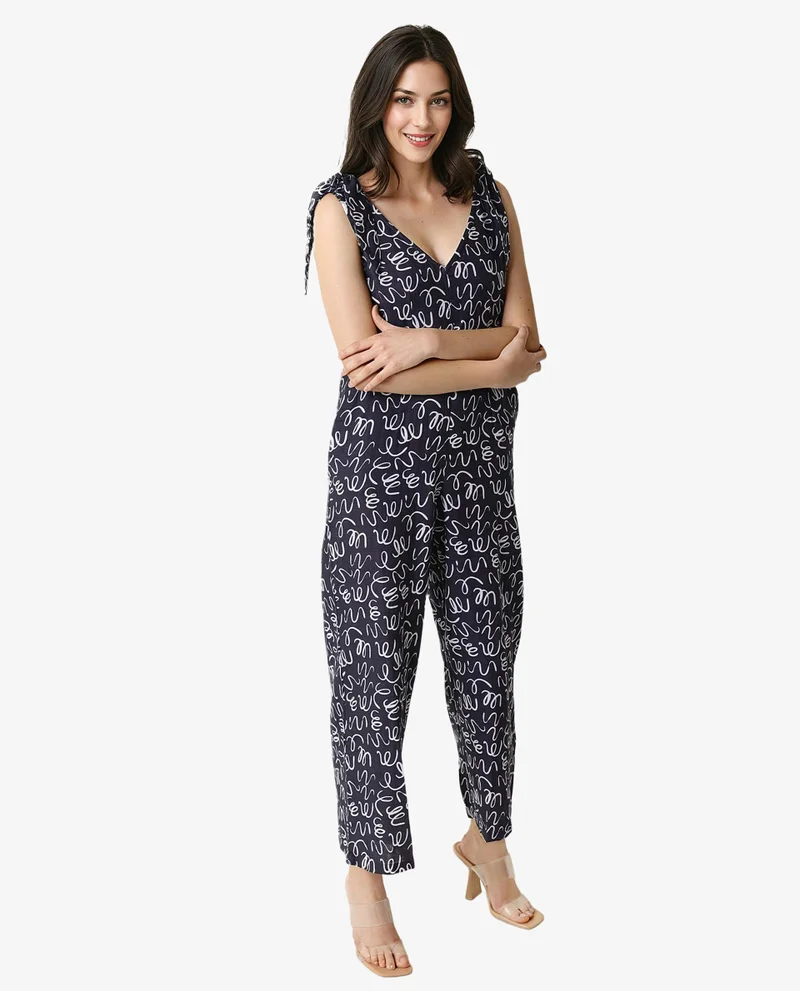 Rareism Women's Abstract Print V Neck Relaxed Jumpsuit