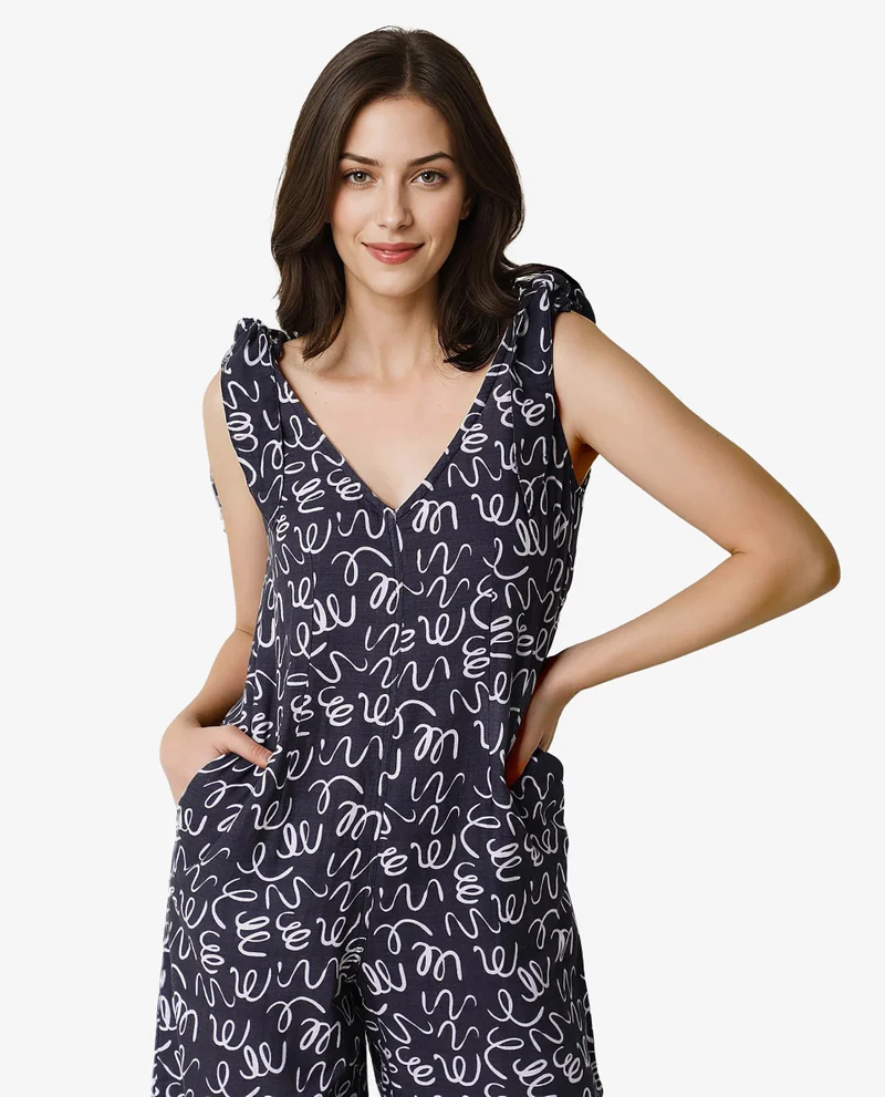 Rareism Women's Abstract Print V Neck Relaxed Jumpsuit