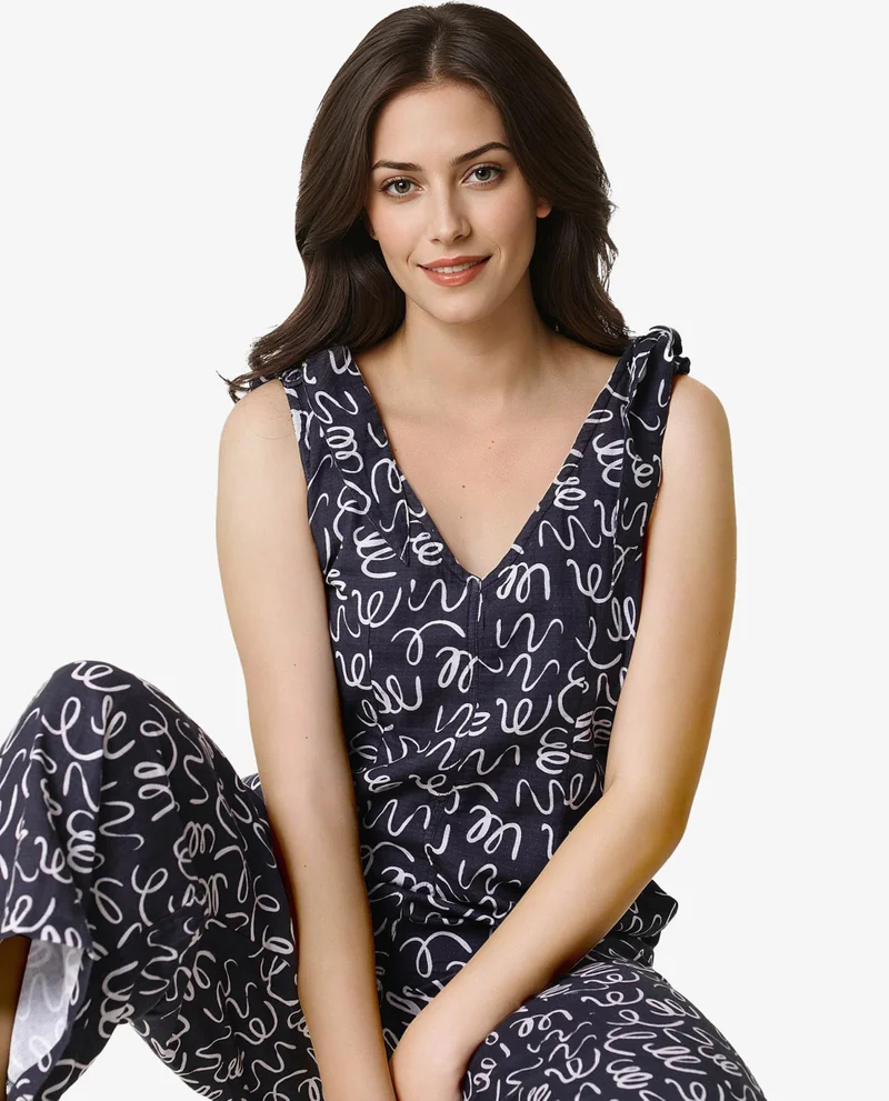ريريزم Women's Abstract Print V Neck Relaxed Jumpsuit