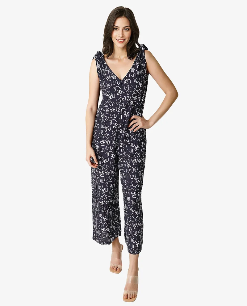 Rareism Women's Abstract Print V Neck Relaxed Jumpsuit
