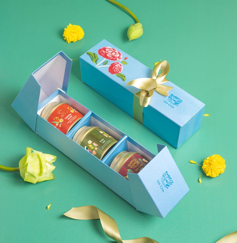 OH CHA - Premium Gift Box, Azure Collection Tea Gift Set | Floral Tea Gift Box | Festive Collection of Teas - Turmeric Bloom, Rose Tea Pistachio, Paan Chai | Pack of 3 | Gifts for Every Occasion - Image 1