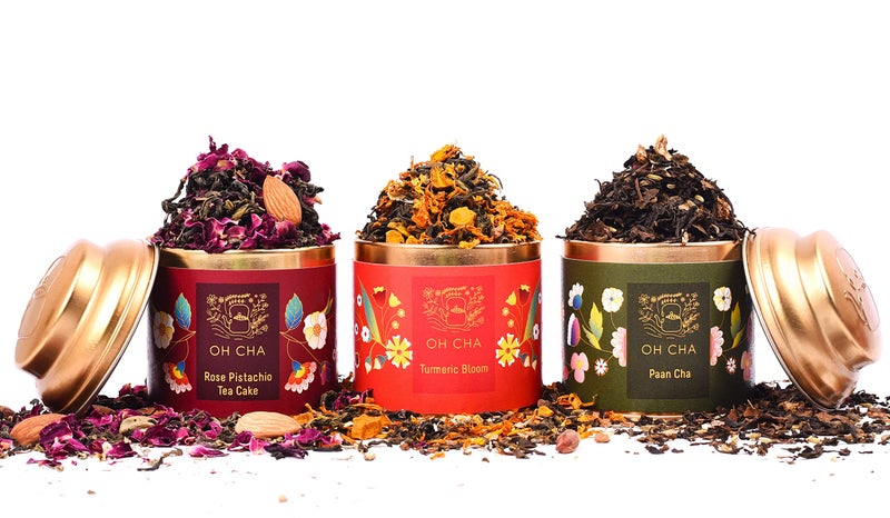 OH CHA - Premium Gift Box, Azure Collection Tea Gift Set | Floral Tea Gift Box | Festive Collection of Teas - Turmeric Bloom, Rose Tea Pistachio, Paan Chai | Pack of 3 | Gifts for Every Occasion - Image 3