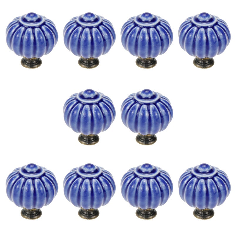 Geesatis 10 Pcs Ceramic Drawer Knobs Round Pumpkin Shape Knobs For Kitchen Cabinet Room Closet Handles, With Mounting Screws, Blue - Image 1