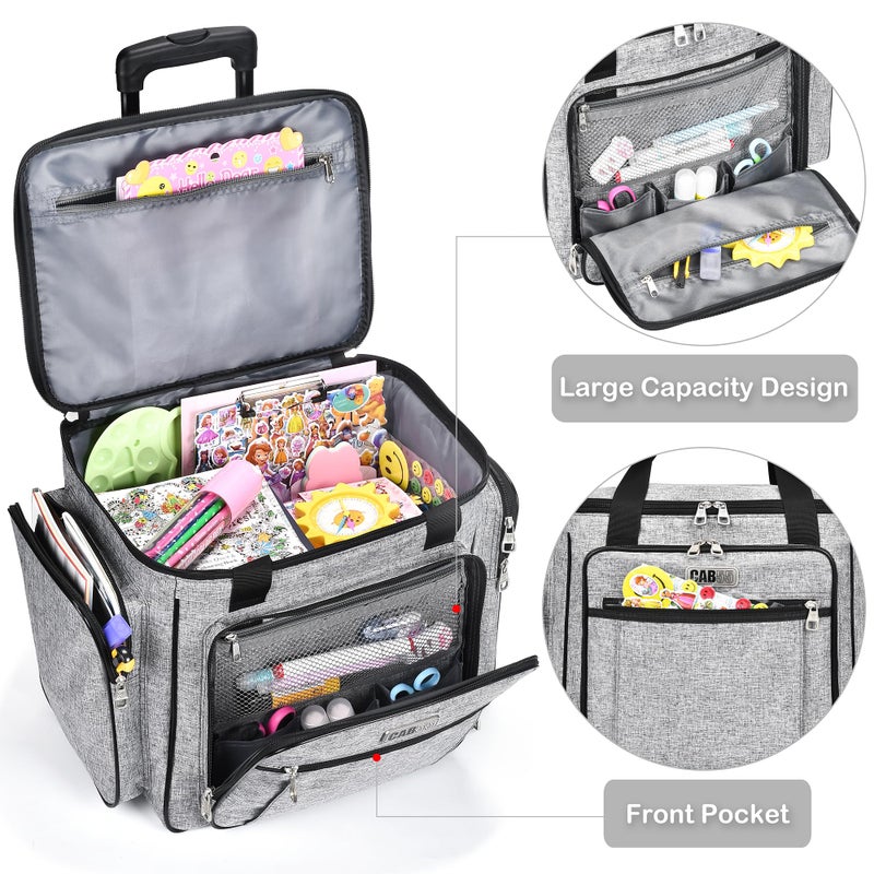 CAB55 Rolling Craft Bag, Tote Bag with Wheels for Women, Rolling Teacher Bag with Removable Folding Hand Truck (Grey) - Image 3