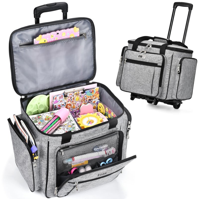 CAB55 Rolling Craft Bag, Tote Bag with Wheels for Women, Rolling Teacher Bag with Removable Folding Hand Truck (Grey) - Image 1