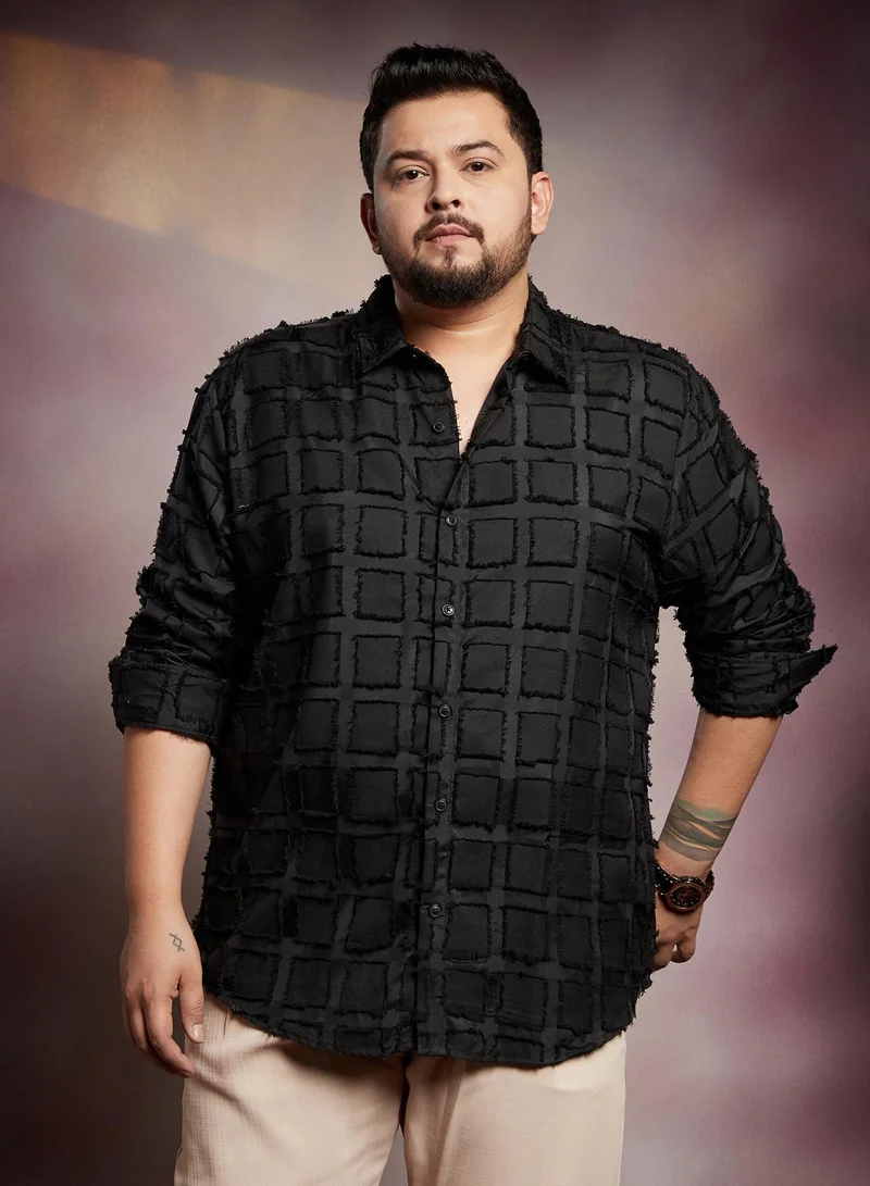 Instafab Plus Instafab Plus Men's Onyx Black Cubic-Tassel Shirt For Casual Wear | Spread Collar | Long Cuffed Sleeves | Button Closure | Plus Size Shirt Crafted With Comfort Fit For Everyday Wear
