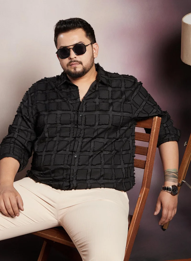 Instafab Plus Instafab Plus Men's Onyx Black Cubic-Tassel Shirt For Casual Wear | Spread Collar | Long Cuffed Sleeves | Button Closure | Plus Size Shirt Crafted With Comfort Fit For Everyday Wear