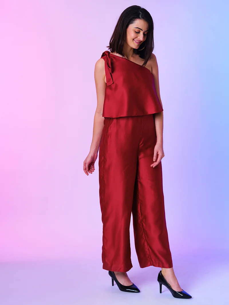 globus Women Maroon One Shoulder Tie Up Party Jumpsuit