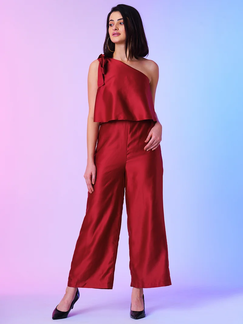 globus Women Maroon One Shoulder Tie Up Party Jumpsuit