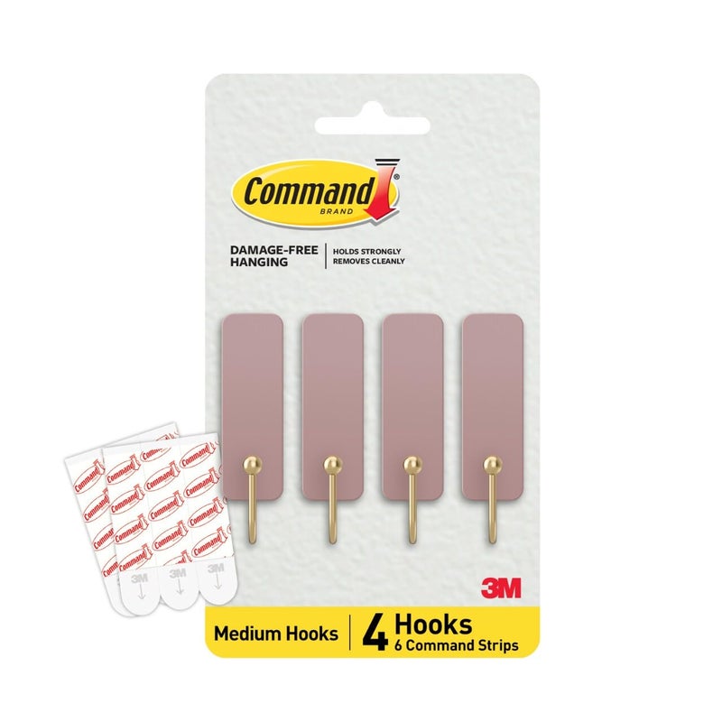 Command Medium Wire Hook, Dusty Rose, 4 Hooks, 6 Strips - Image 1