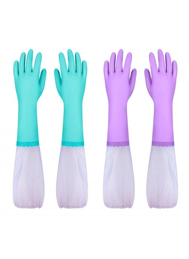 Elgood Reusable Long Sleeve Dishwashing Cleaning Gloves with Latex Free,Cotton Lining,Kitchen Gloves 2 Pairs,Purple+Blue M - Image 2