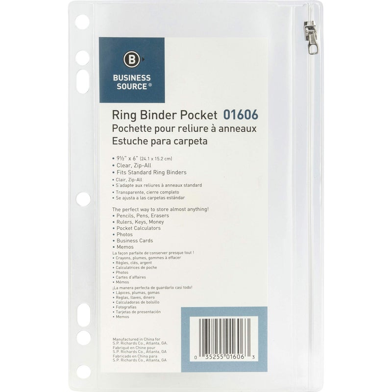 Business Source SPR01606 - Vinyl Ring Binder Pocket, 9-1/2x6, Clear - Image 1