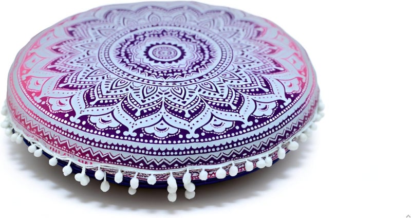 CRAFT KALA غطاء وسادة أرضية قطنية مستديرة ماندالا بوهو للتأمل من CRAFT KALA، غطاء وسادة جلوس للغرف في الهند، لغرفة المعيشة، غرفة اليوجا، ديكور المنزل، غرفة النوم، الشرفة، الحديقة (32 بوصة، أومبري وردي) - Image 1