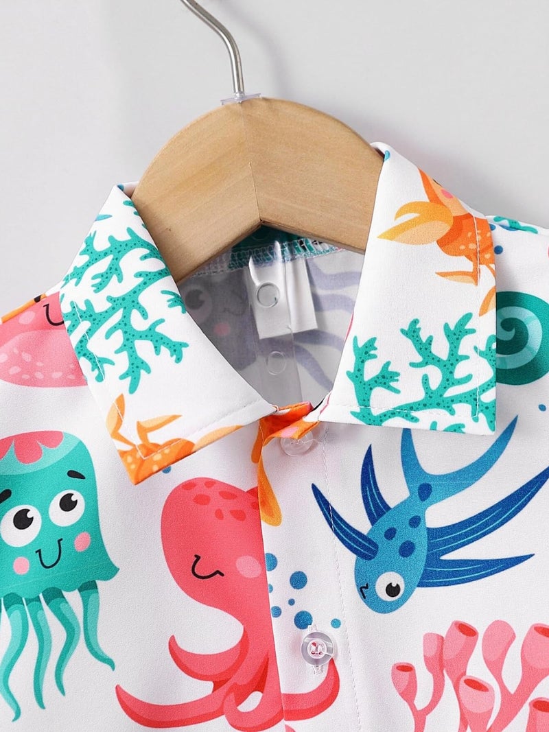 URBAN OX Boy's Printed Cotton Blend Short Sleeve Regular Wear Shirt & Solide Shorts Set - Image 4