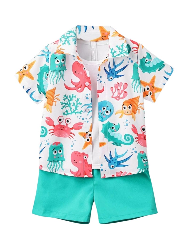 URBAN OX Boy's Printed Cotton Blend Short Sleeve Regular Wear Shirt & Solide Shorts Set - Image 1