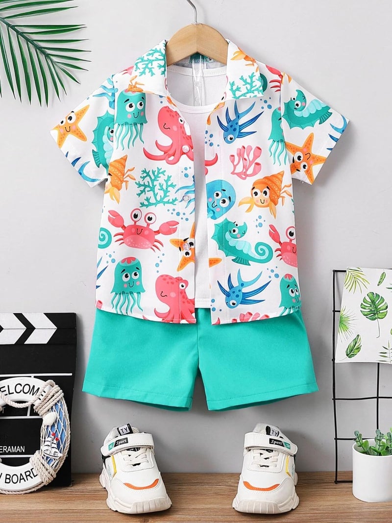 URBAN OX Boy's Printed Cotton Blend Short Sleeve Regular Wear Shirt & Solide Shorts Set - Image 2