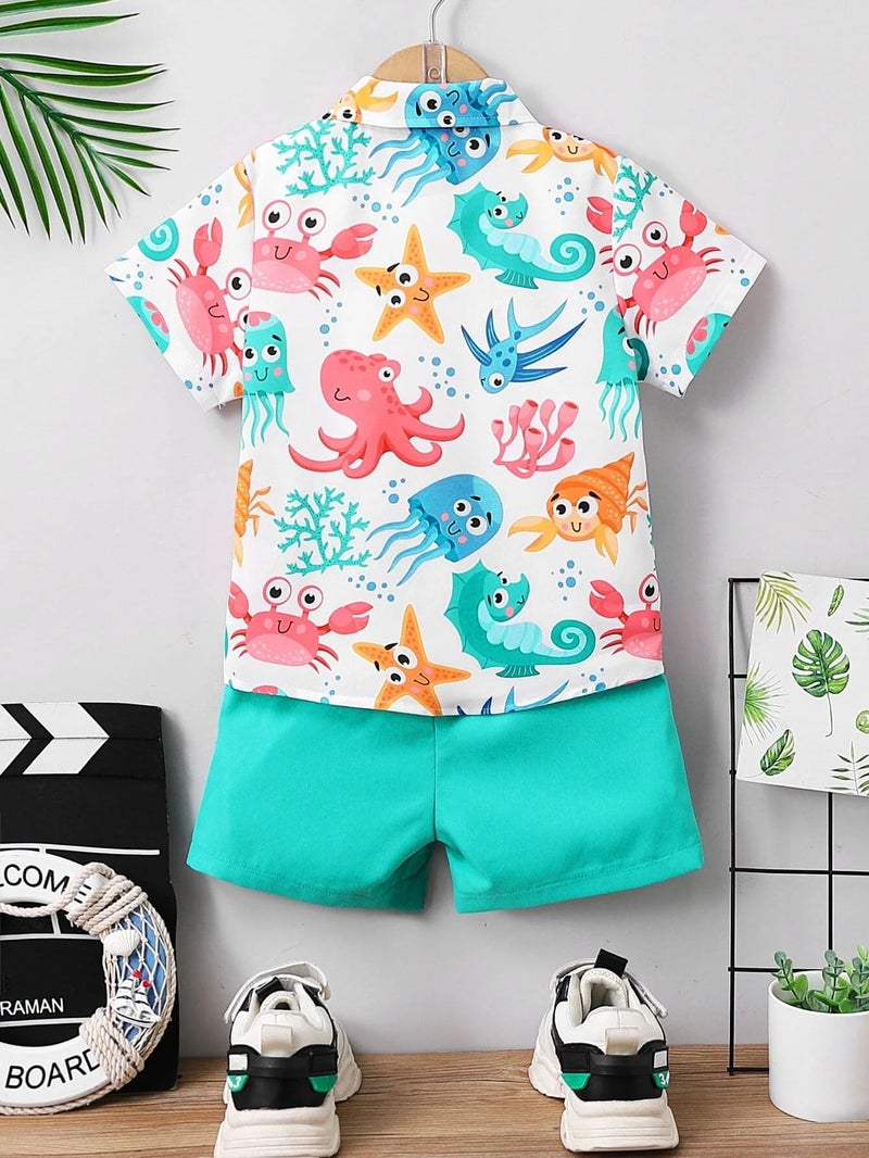 URBAN OX Boy's Printed Cotton Blend Short Sleeve Regular Wear Shirt & Solide Shorts Set - Image 3