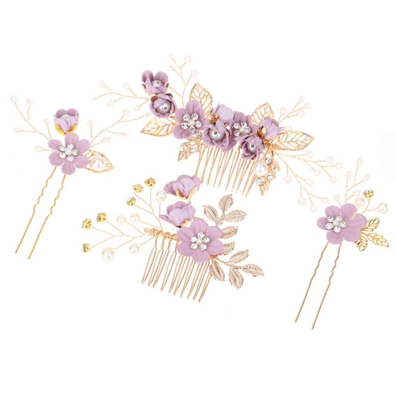 NUOBESTY 4Pcs Wedding Hair Clip Comb Handmade Bridal Hair Clip Pearl Floral Leaf Hair Accessories for Women Wedding Purple