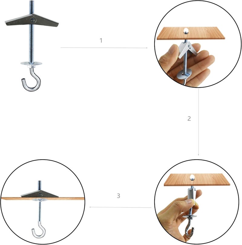 PCTC 4 Pack Carbon Steel Plasterboard Ceiling Hooks Spring Toggle Wing Bolts Wall Ceiling Installation Cavity Wall Fixing Heavy Duty Swag Hanging Plants Hanger Anchors Ceiling Hook - Image 3