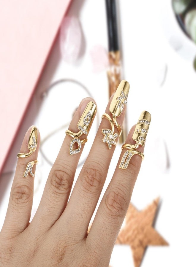 Lurrose خواتم أظافر لوروز للنساء، غطاء أظافر، خواتم أظافر مجوهرات، خواتم أظافر مزينة بحجر الراين، 4 قطع (ذهبي) - Image 2
