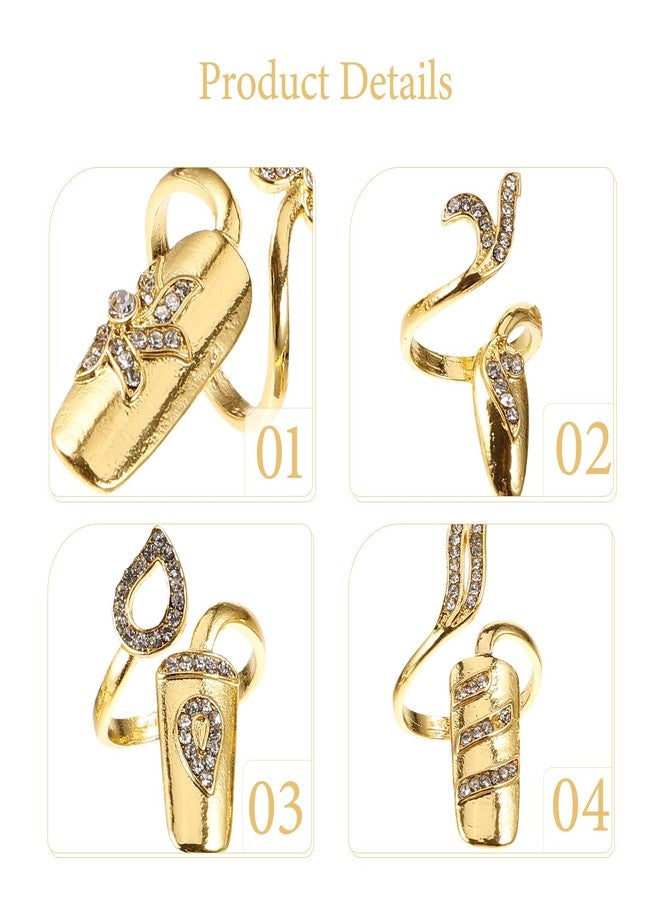 Lurrose خواتم أظافر لوروز للنساء، غطاء أظافر، خواتم أظافر مجوهرات، خواتم أظافر مزينة بحجر الراين، 4 قطع (ذهبي) - Image 4