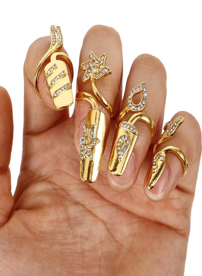 Lurrose خواتم أظافر لوروز للنساء، غطاء أظافر، خواتم أظافر مجوهرات، خواتم أظافر مزينة بحجر الراين، 4 قطع (ذهبي) - Image 3