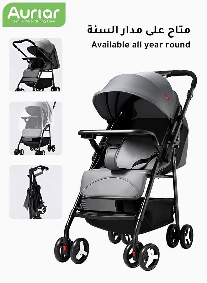 Aurlar Gray Two-Way Stroller, One-Hand Folding, 5-Point Safety Harness, 3-Mode Seat Adjustment, Rear Brake and Front Suspension, Large Storage Basket – Lightweight Travel Baby Stroller for Newborns & Toddlers - Image 1