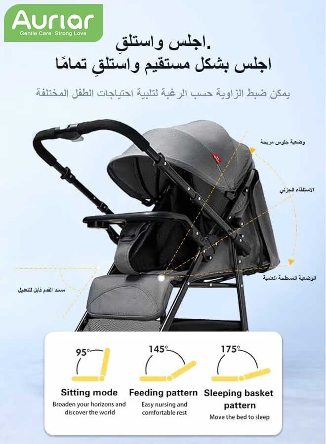 Aurlar Gray Two-Way Stroller, One-Hand Folding, 5-Point Safety Harness, 3-Mode Seat Adjustment, Rear Brake and Front Suspension, Large Storage Basket – Lightweight Travel Baby Stroller for Newborns & Toddlers - Image 5