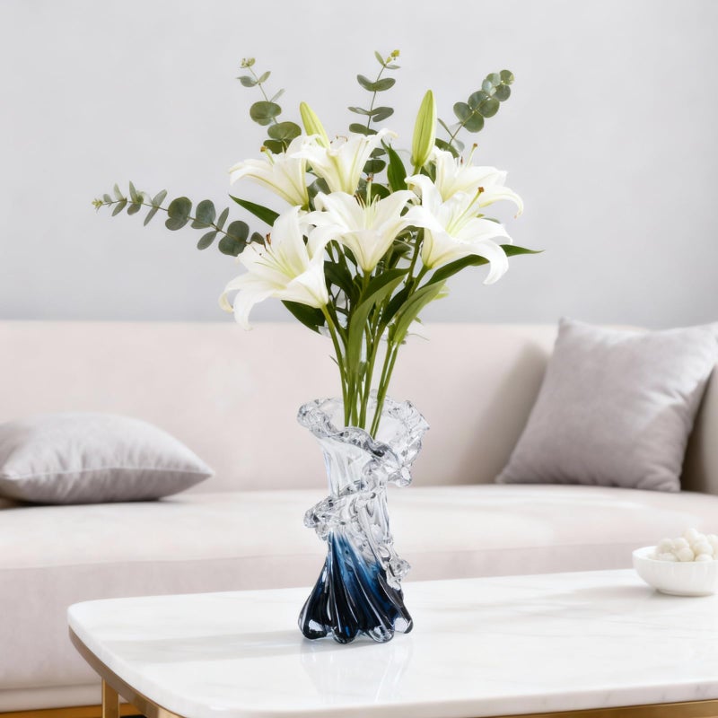 oliruim Hand Blown Blue Glass Vase, Unique Art Beautiful Ocean Glass Vase for Home Centerpiece, Coffee Table, Living Room, Office Decor - 8" H - Image 3