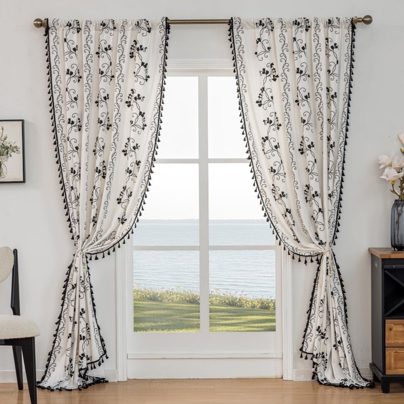 F-CHU Bohemian Floral Curtains 63 Long Patterned Curtain for Bedroom Cotton Linen Blend Farmhouse Style French Country Black Floral and Plant Designs Kitchen Curtains 55" W x 63" L - Image 5