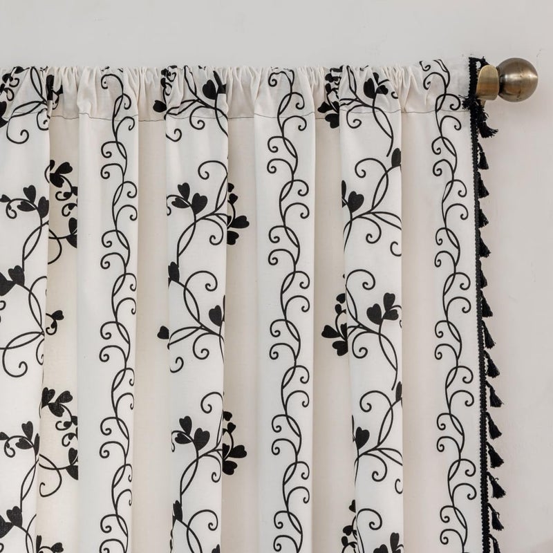 F-CHU Bohemian Floral Curtains 63 Long Patterned Curtain for Bedroom Cotton Linen Blend Farmhouse Style French Country Black Floral and Plant Designs Kitchen Curtains 55" W x 63" L - Image 3