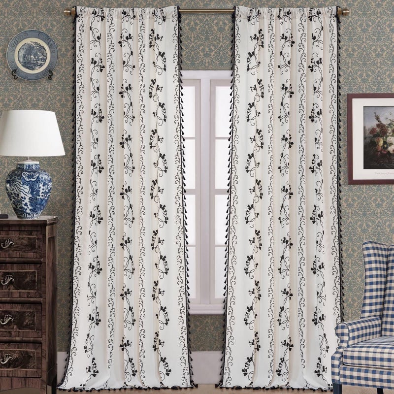 F-CHU Bohemian Floral Curtains 63 Long Patterned Curtain for Bedroom Cotton Linen Blend Farmhouse Style French Country Black Floral and Plant Designs Kitchen Curtains 55" W x 63" L - Image 2