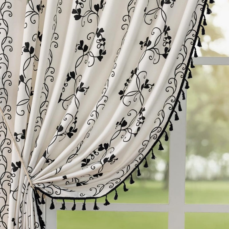 F-CHU Bohemian Floral Curtains 63 Long Patterned Curtain for Bedroom Cotton Linen Blend Farmhouse Style French Country Black Floral and Plant Designs Kitchen Curtains 55" W x 63" L - Image 1