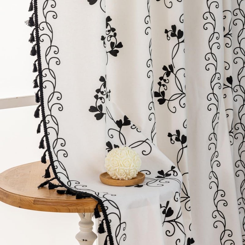 F-CHU Bohemian Floral Curtains 63 Long Patterned Curtain for Bedroom Cotton Linen Blend Farmhouse Style French Country Black Floral and Plant Designs Kitchen Curtains 55" W x 63" L - Image 4