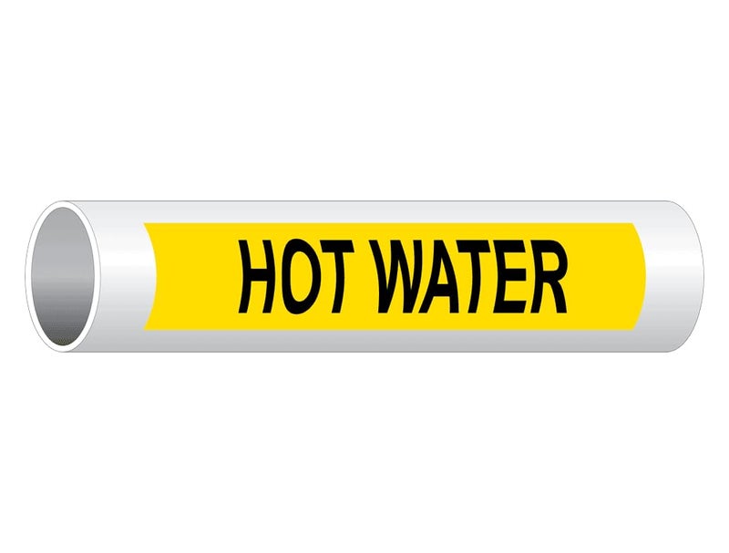 ComplianceSigns.com Hot Water (Black Legend On Yellow Background) Pipe Label Decal, 8x2 inch 5-Pack Vinyl for Pipe Markers - Image 1