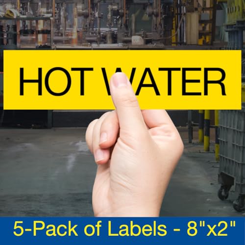 ComplianceSigns.com Hot Water (Black Legend On Yellow Background) Pipe Label Decal, 8x2 inch 5-Pack Vinyl for Pipe Markers - Image 2