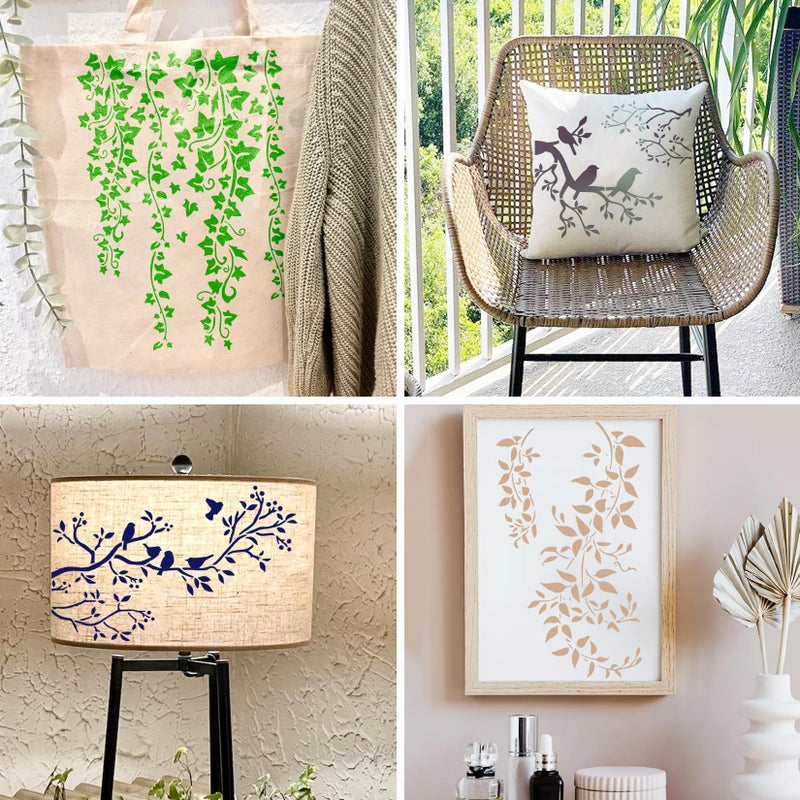 Yhliua Tree Leaf Vine Stencils for Painting on Wood, Large Bird Branches Stencils for Crafts Reusable Wood Burning Drawing Art Paint Stencil and Patterns for Wall Furniture Canvas (Tree) - Image 3