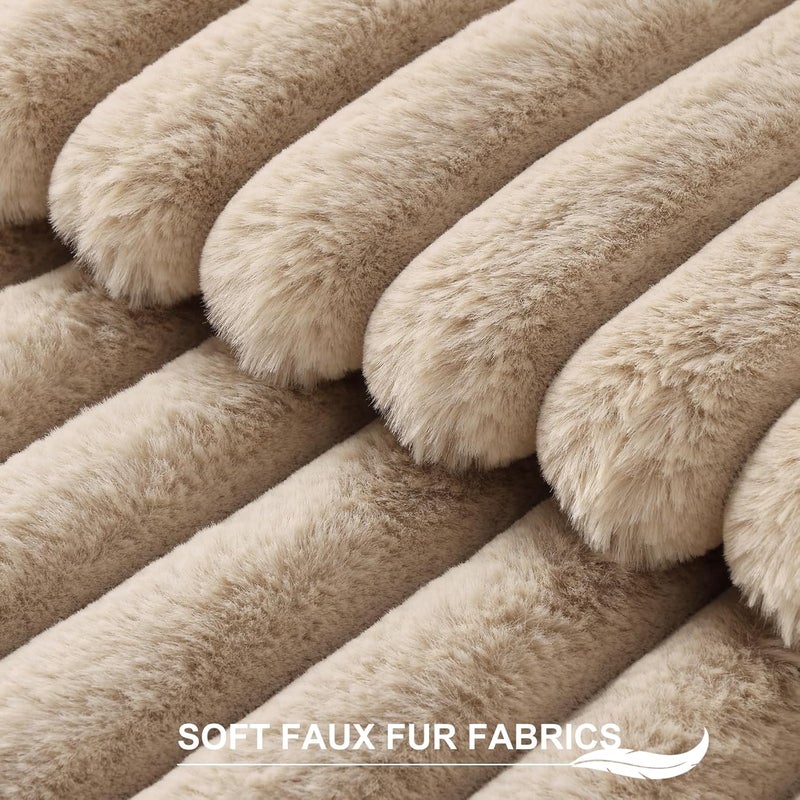 Pallene Faux Fur Plush Throw Pillow Covers 22x22 Set of 2, Luxury Soft Fluffy Striped Decorative Pillow Covers for Sofa, Couch, Living Room, Khaki - Image 2