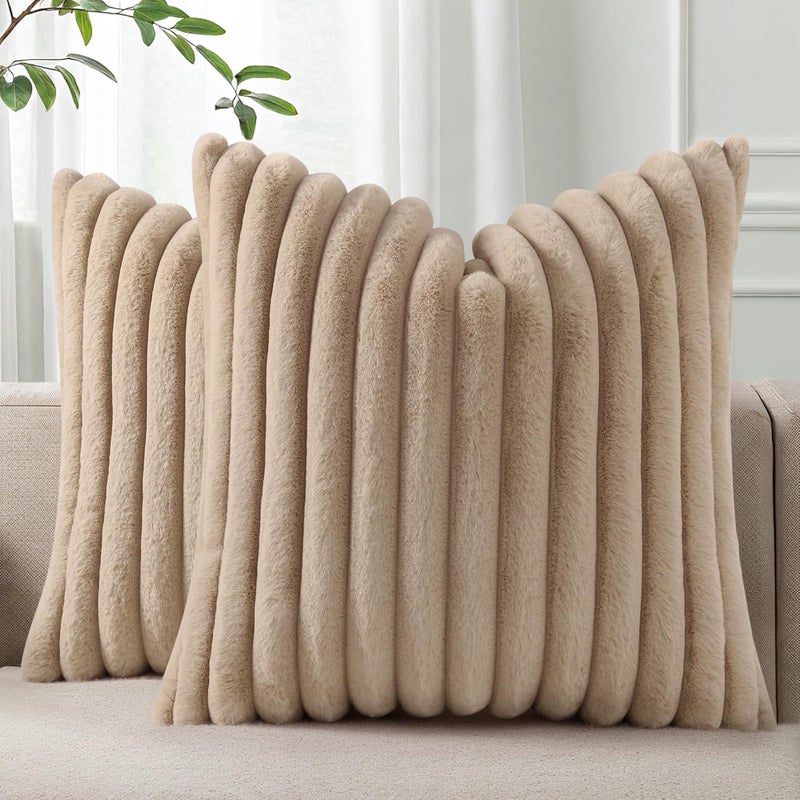 Pallene Faux Fur Plush Throw Pillow Covers 22x22 Set of 2, Luxury Soft Fluffy Striped Decorative Pillow Covers for Sofa, Couch, Living Room, Khaki - Image 1