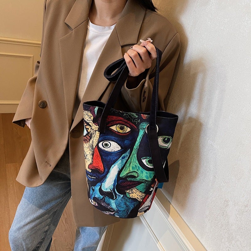 Large Capacity Canvas Bucket Bag Fashion Printed All-Match Niche Design Handbag Fashionable Casual Shoulder Bag Women - Image 3