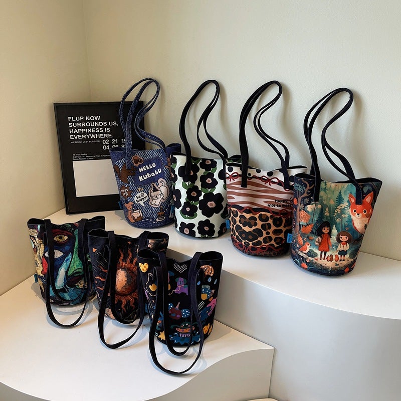 Large Capacity Canvas Bucket Bag Fashion Printed All-Match Niche Design Handbag Fashionable Casual Shoulder Bag Women - Image 2