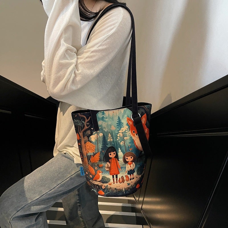 Large Capacity Canvas Bucket Bag Fashion Printed All-Match Niche Design Handbag Fashionable Casual Shoulder Bag Women - Image 4