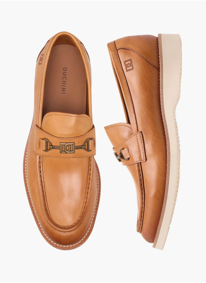 دوتشيني Men's Solid Slip-On Loafers with Metal Accent