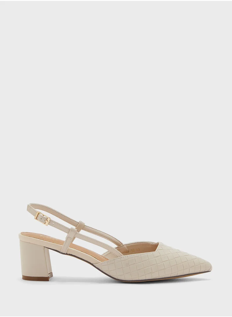 ELLA Pointy Woven Sling Back Block Heel Pump