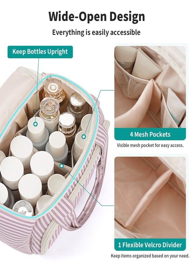 Narwey Large Travel Toiletry Bag, Wide-open Travel Bag for Toiletries, Toiletry Bags for Traveling Women, Cosmetic Make Up Makeup Bag Organizer with Wet Pocket, Shower Skincare Bag (Dusty Pink Stripe) - Image 2
